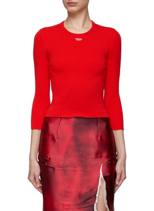 Main View - Click To Enlarge - PRADA - Logo Ribbed Cotton Blend Knit Quarter Sleeve Top