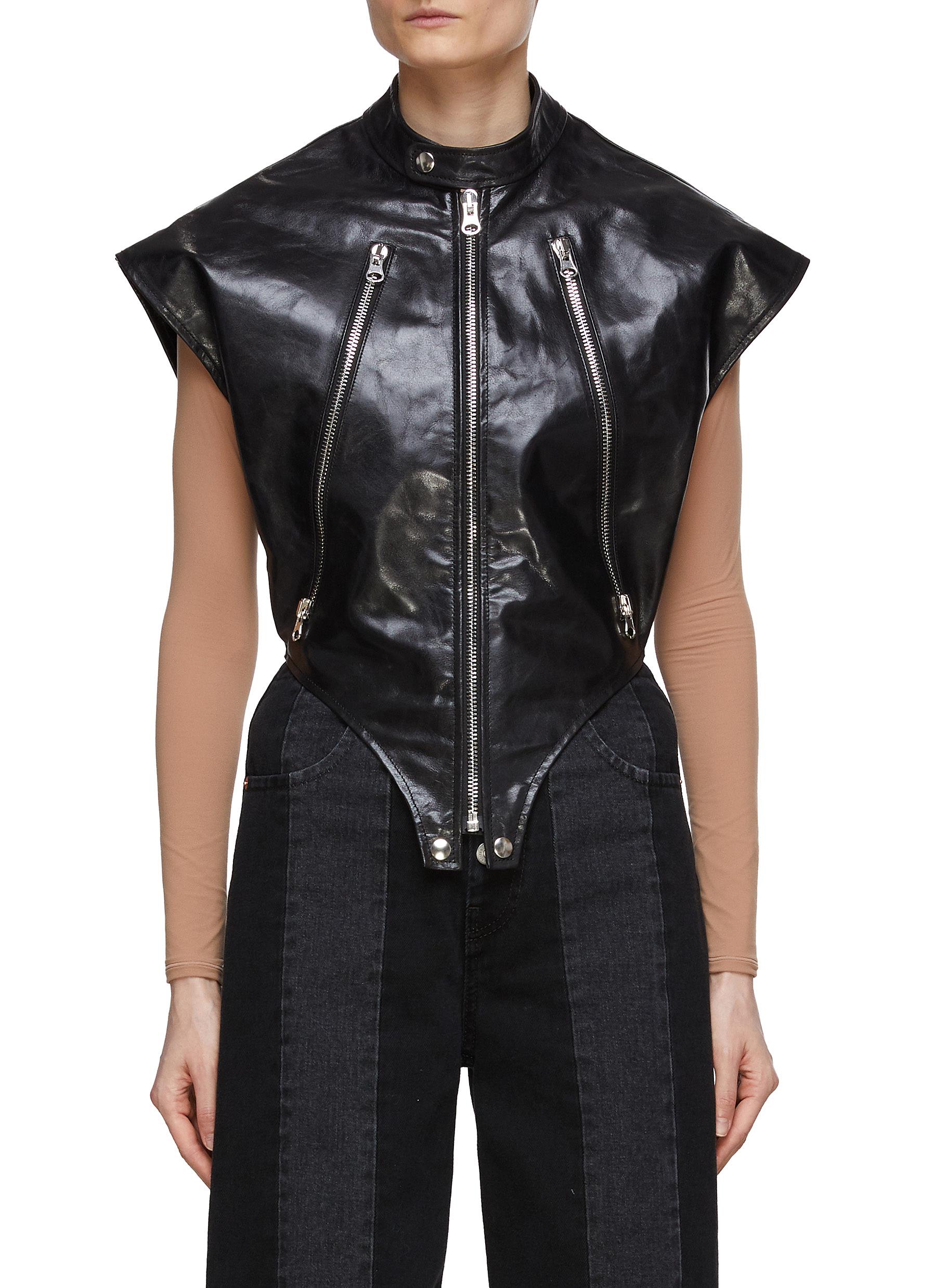 MM6◆Short Sleeve Leather Jacket/ベスト/38/牛革/BLK/S62FB0047// Mm6 Maison Margiela Short-sleeve Leather Jacket In Black