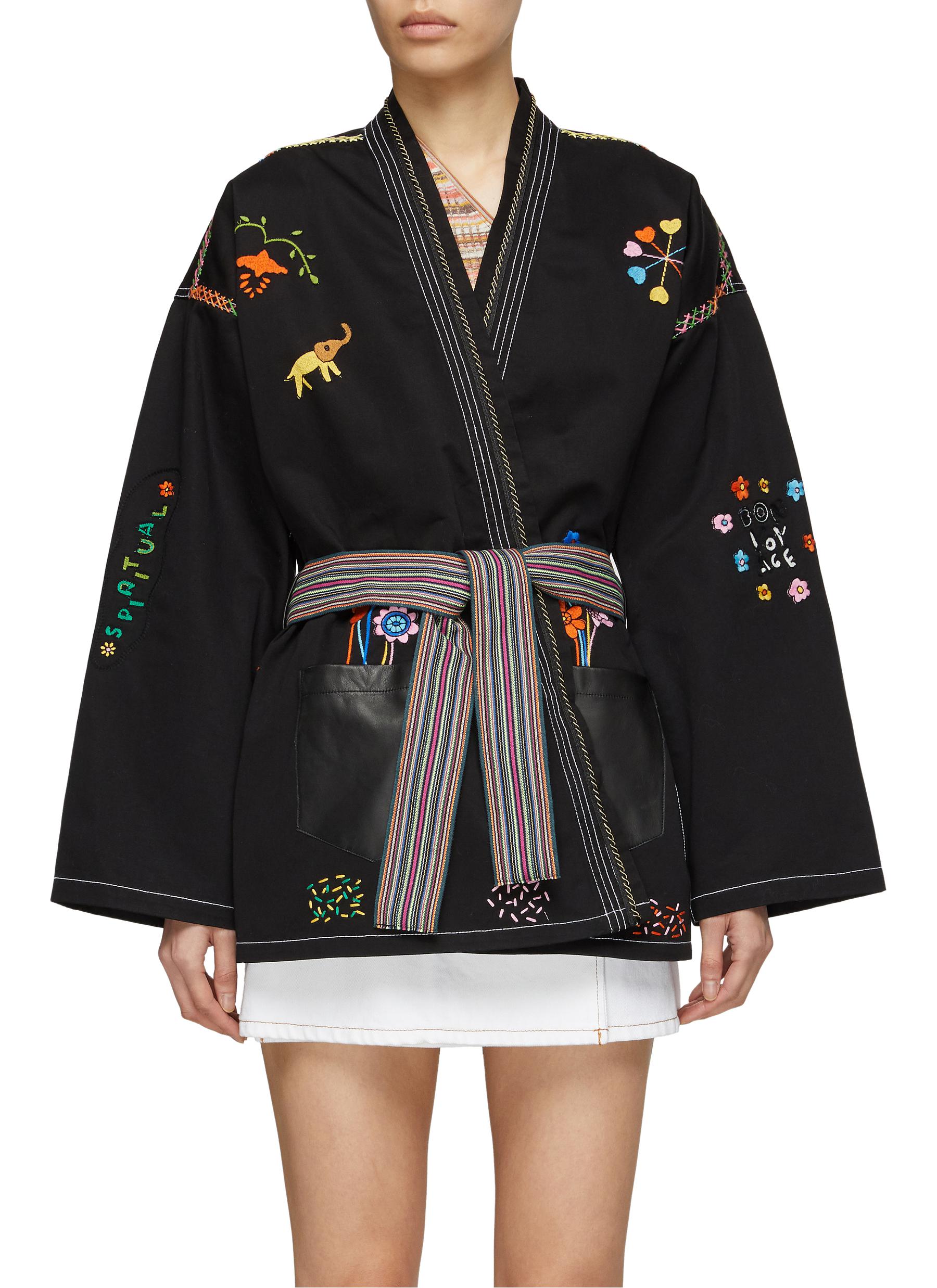 Monoki ‘bon Voyage' Animal Embroidery Belted Kimono In Black