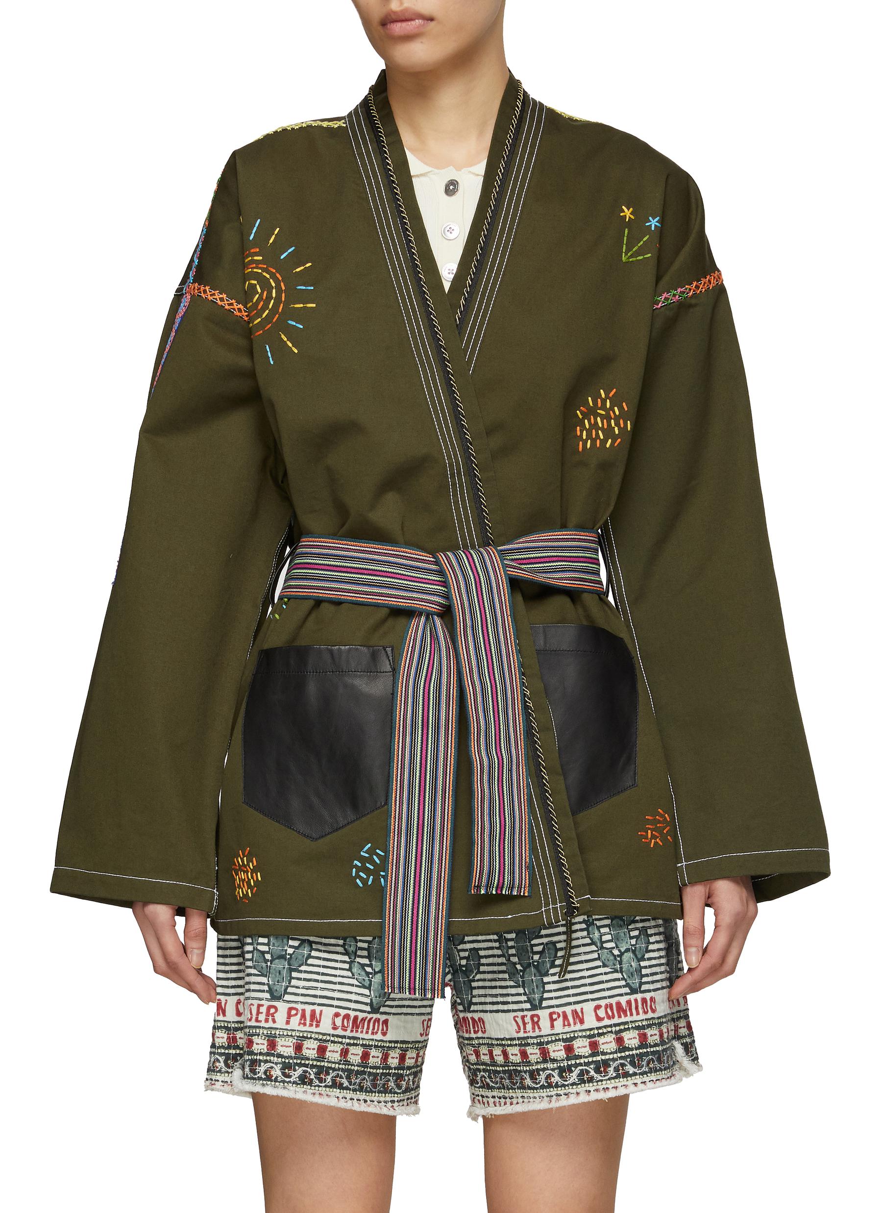 â€˜Le Voyageur’ Stitched Graphic Belted Kimono