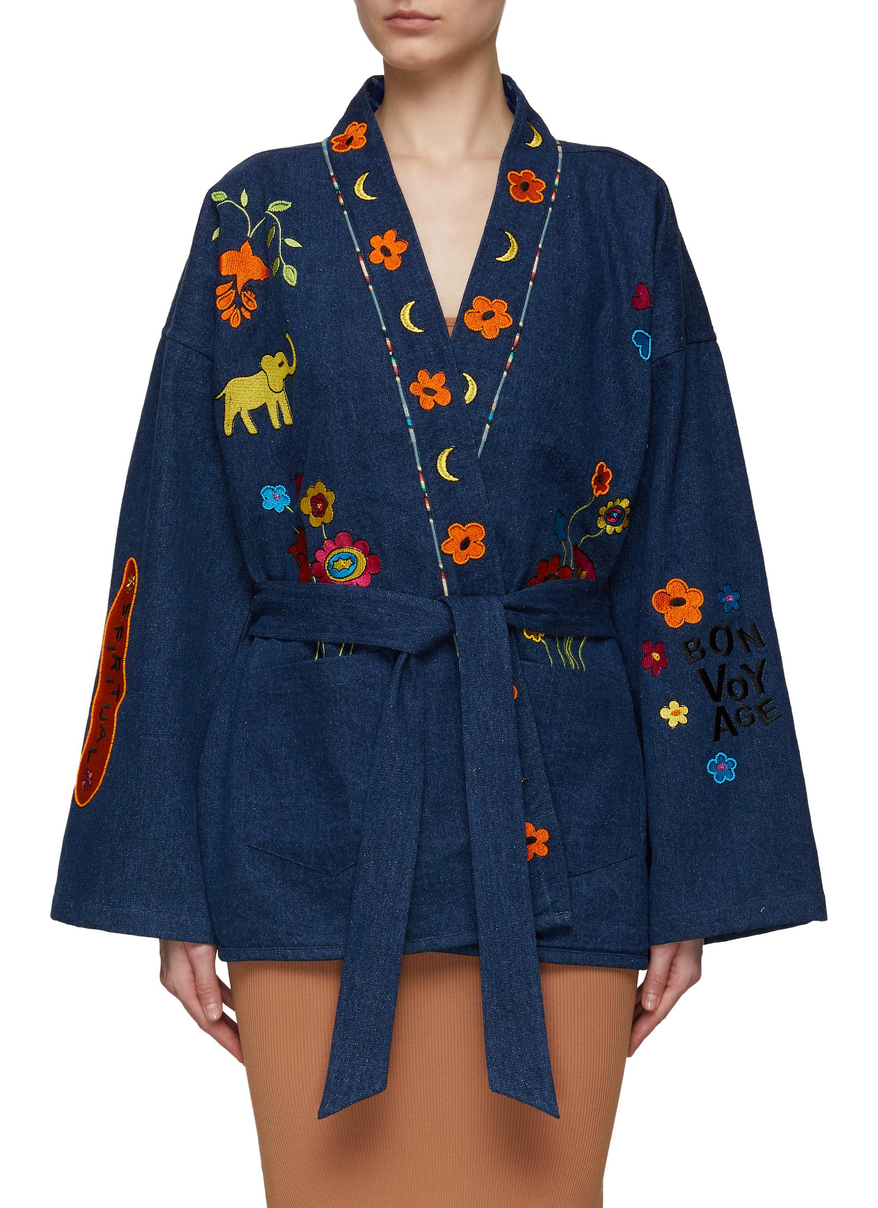 Monoki ‘bon Voyage' Belted Cotton Kimono In Blue