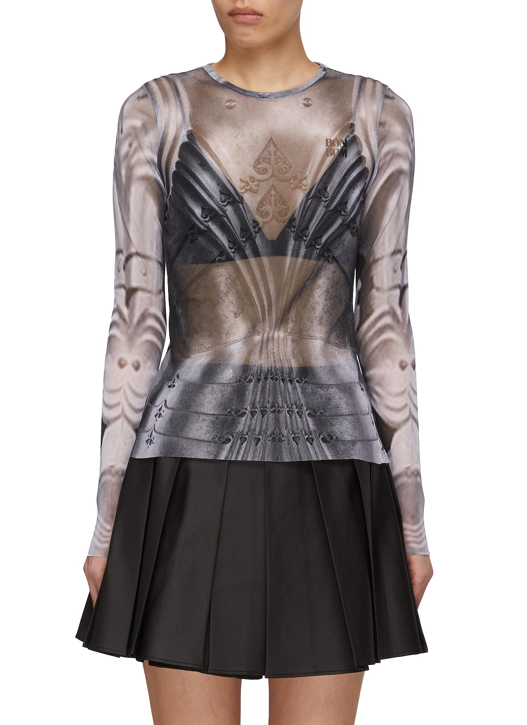 Bonbom Long Sleeve Knight Armor Print Mesh Top In White