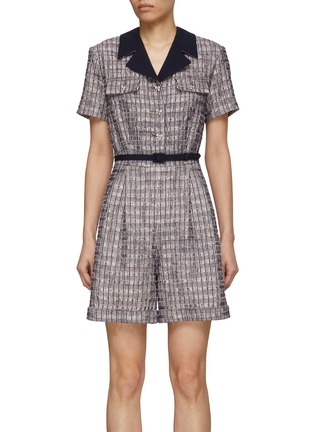 Main View - Click To Enlarge - SOONIL - Hand Woven Logo Tweed Belted Short Sleeve Romper