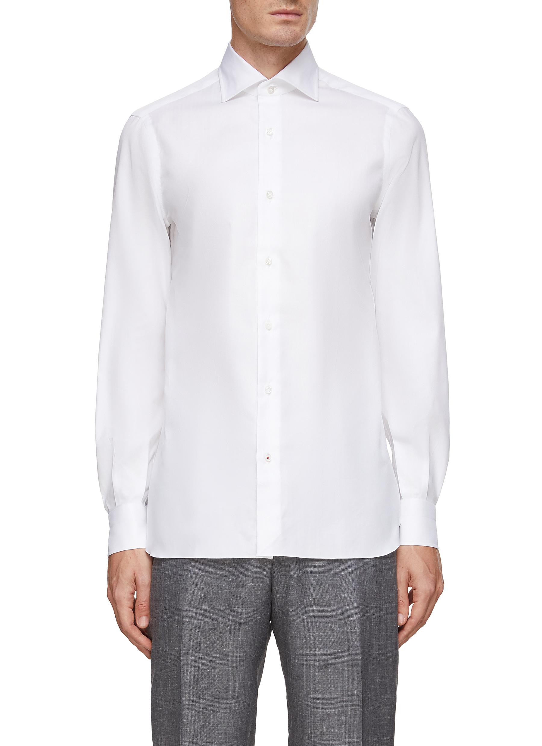 ISAIA Milano Spread Collar Herringbone Cotton Shirt