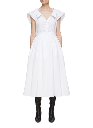 Main View - Click To Enlarge - ALEXANDER MCQUEEN - Cap Sleeve Cotton Flared V-Neck Midi Dress