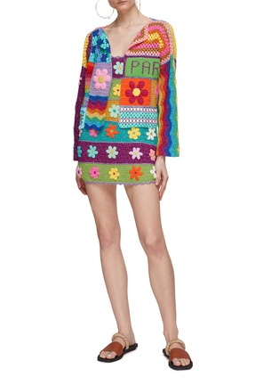 Figure View - Click To Enlarge - ROSE CARMINE - Square And Flower Pattern Cotton Crochet Knit Bolero