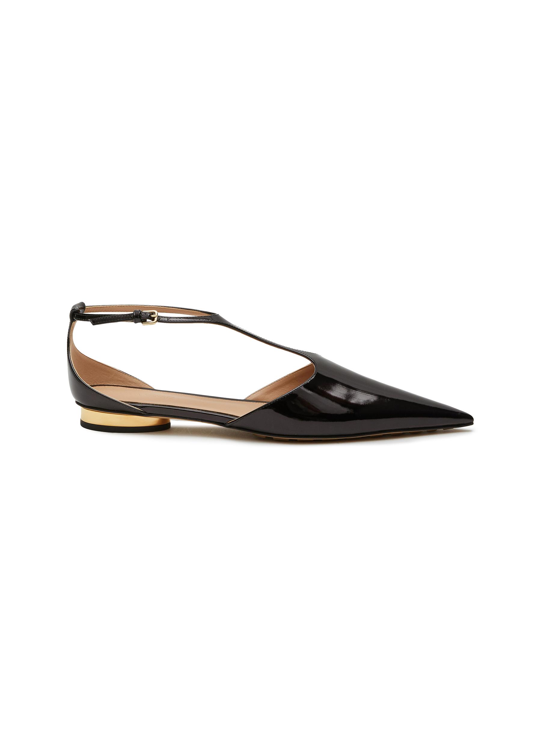 T-Bar Pointed Toe Patent Leather Ballerina Flat
