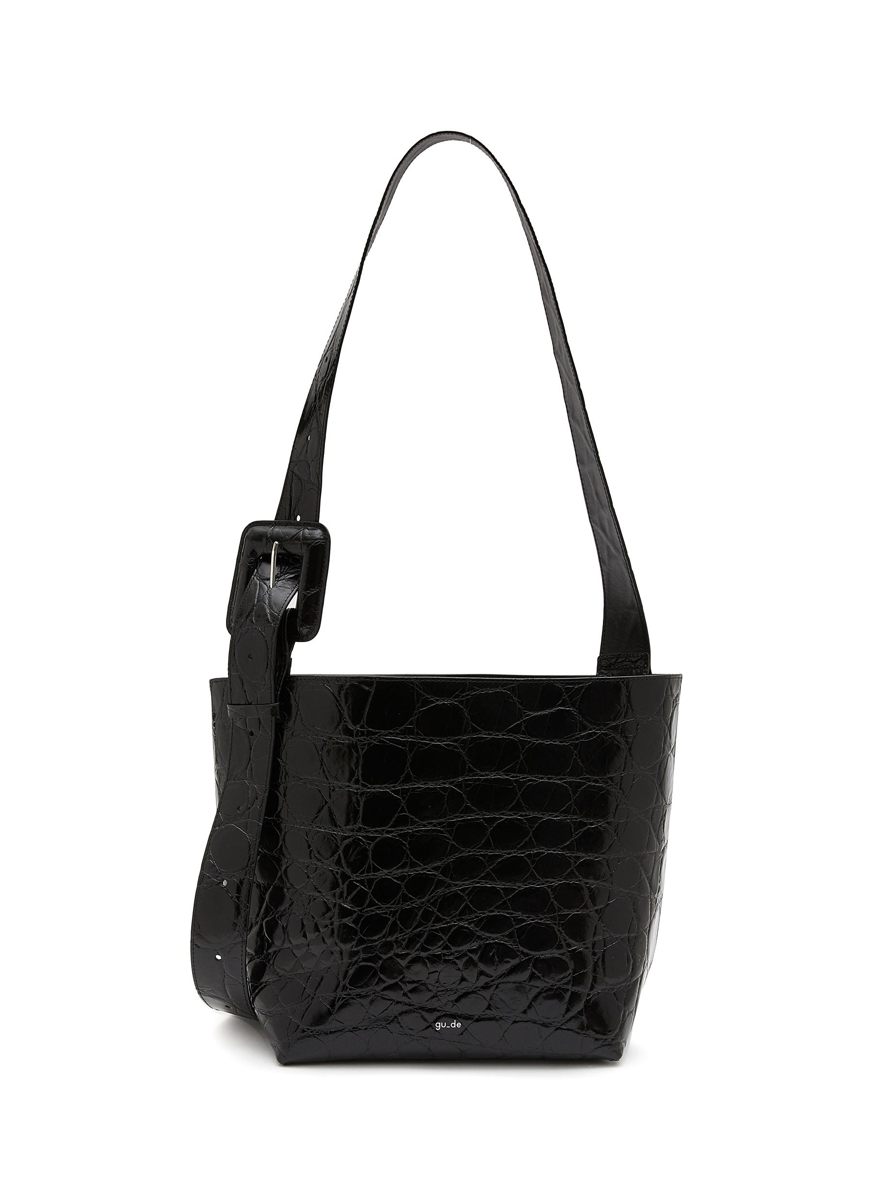 Gu De ‘kate' Buckled Strap Crocodile Embossed Leather Tote Bag In Black