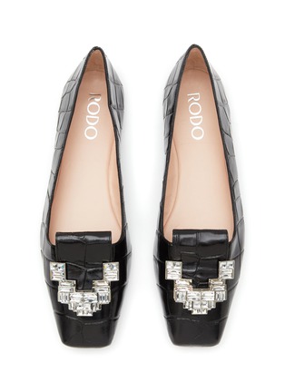 Detail View - Click To Enlarge - RODO - ‘Scilla’ Crystal Embellished Square Toe Crocodile Embossed Leather Flats
