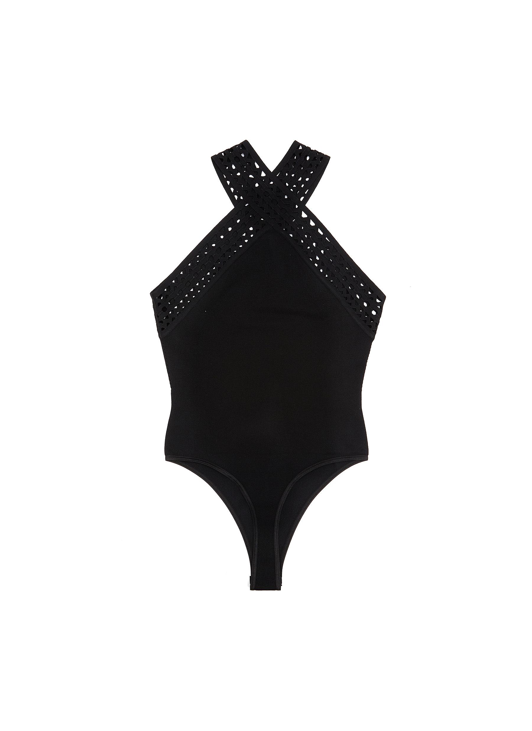 Alaïa Vienne Lasercut Crossover Halter Bodysuit In Black