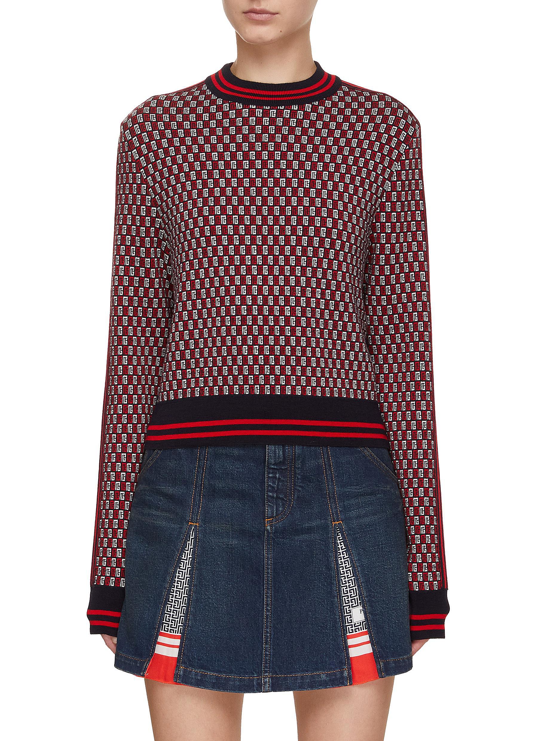 Balmain Short Sweater In Monogrammed Knit In Red