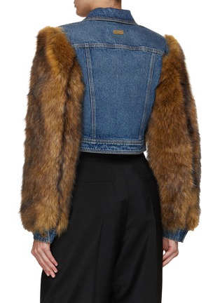 Back View - Click To Enlarge - BALMAIN - Faux Fur Sleeve Cropped Denim Jacket