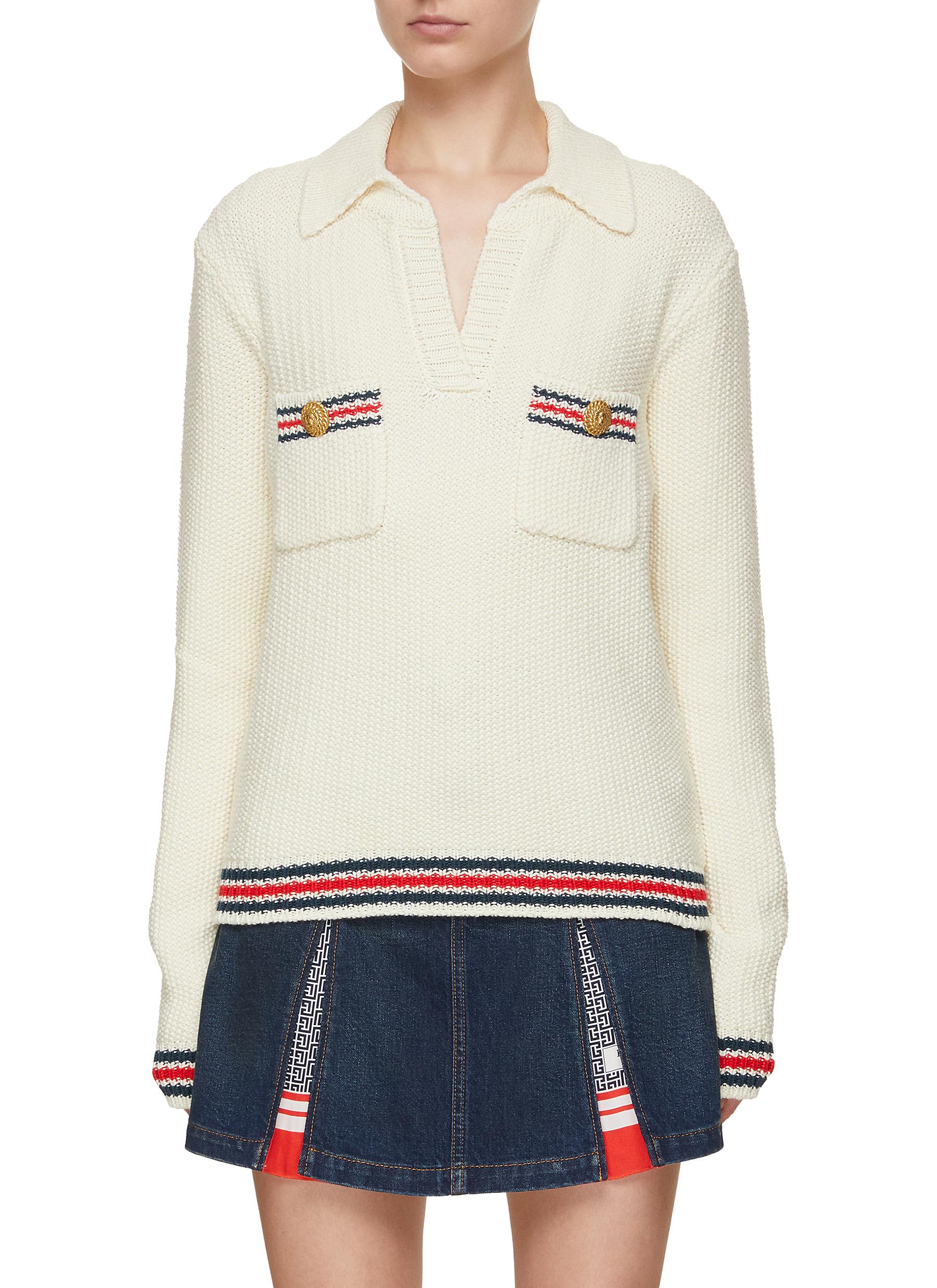 Balmain Button-embellished Striped Wool-blend Sweater In White