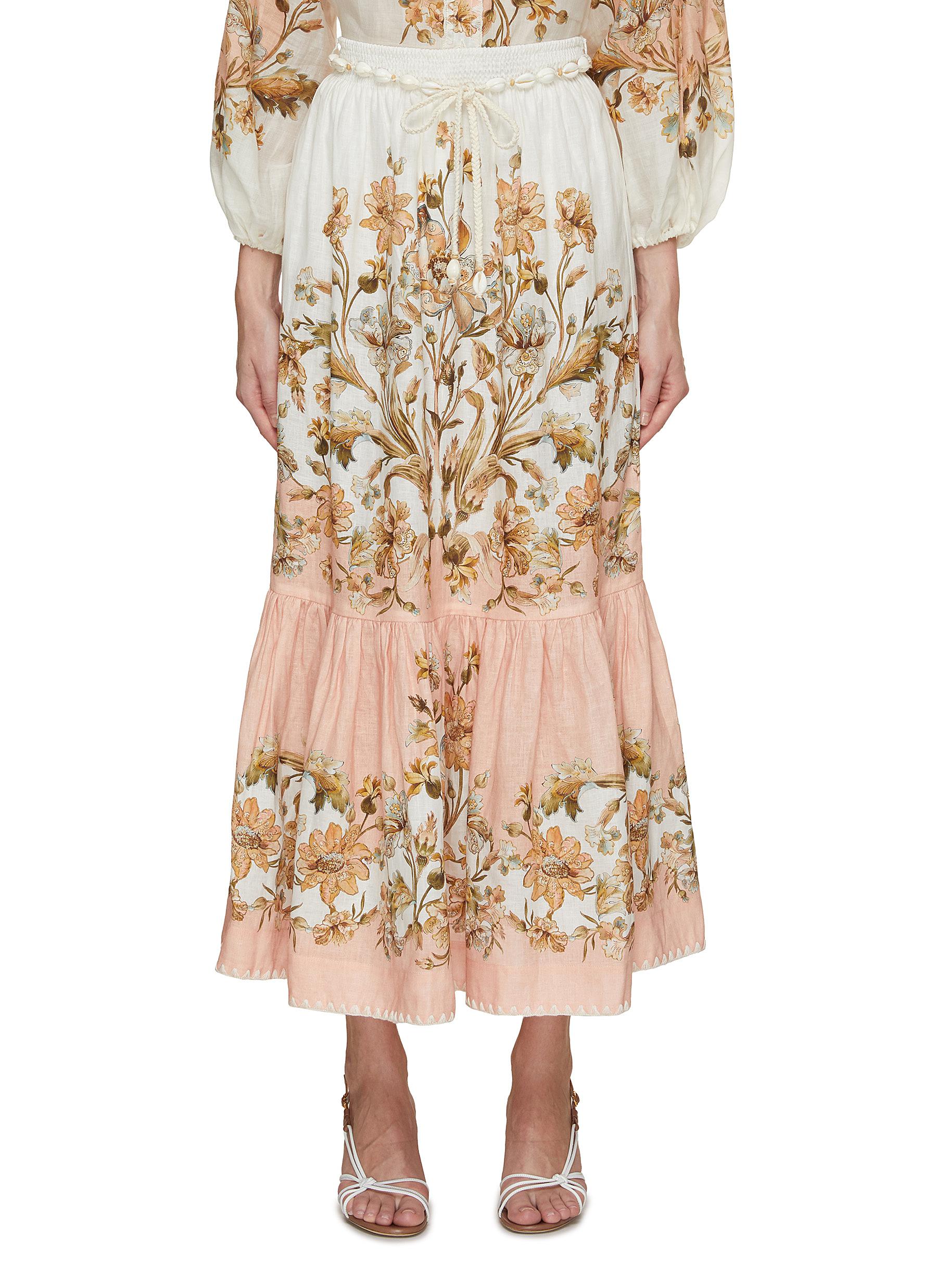 Floral Print Linen Midi Skirt