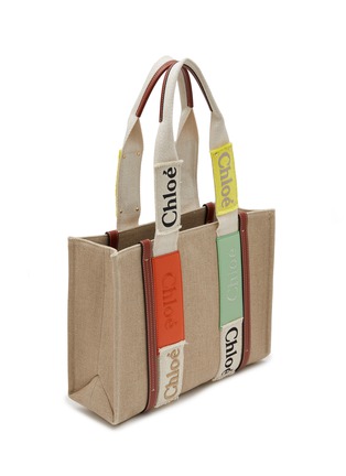 Detail View - Click To Enlarge - CHLOÉ - Medium ‘Woody’ Logo Patch Linen Tote Bag