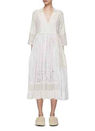 INJIRI | V-Neck Sheer Chequered Panel Cotton Silk Blend Midi Dress