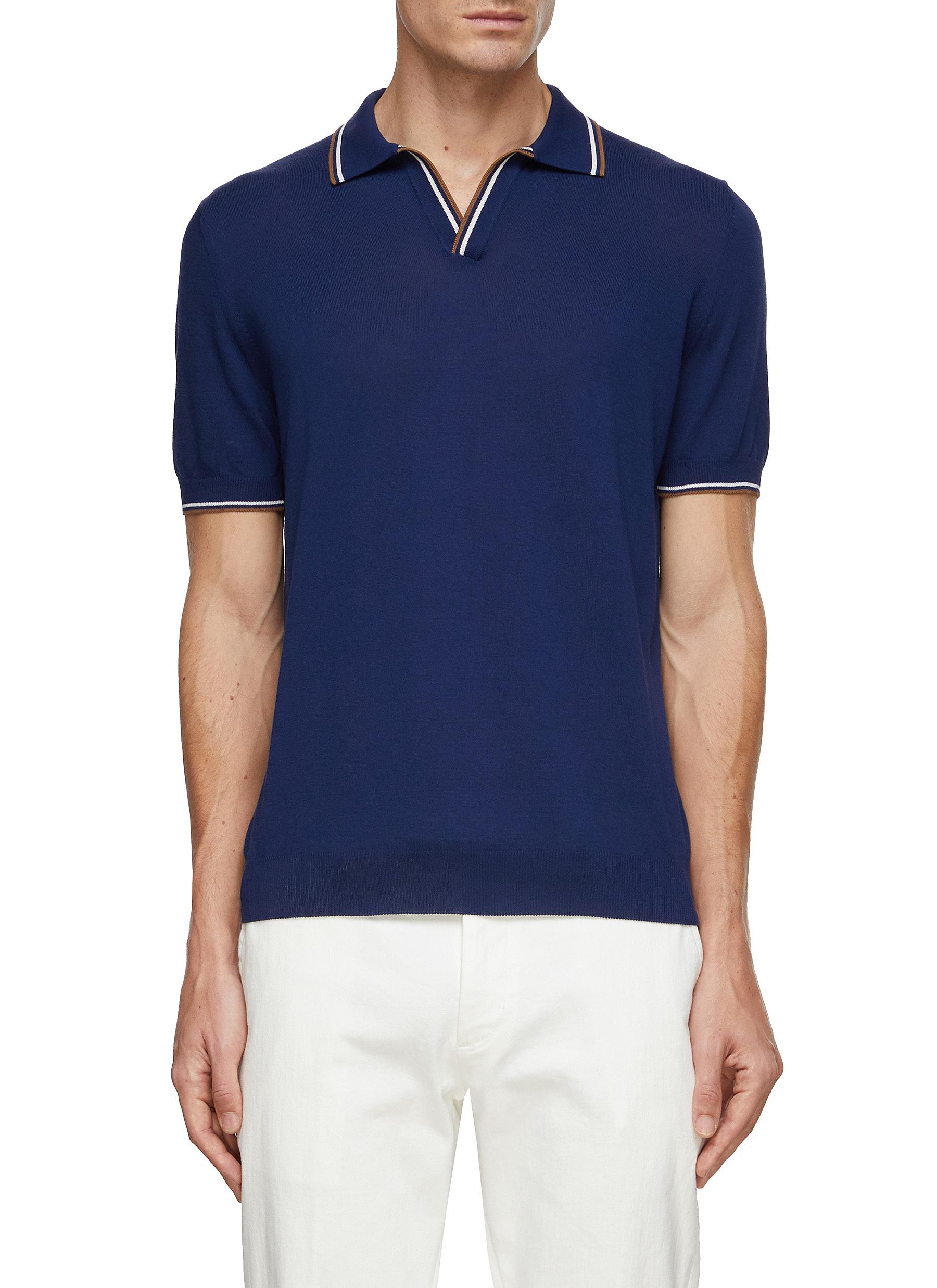 Equil Stripe Trim Buttonless Polo Shirt In Blue | ModeSens