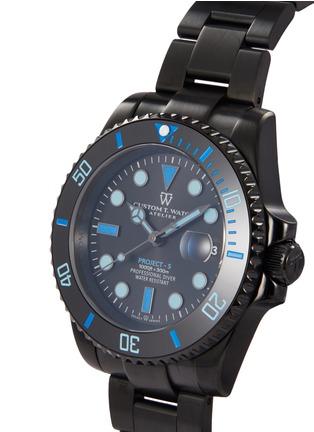 Detail View - Click To Enlarge - CUSTOM T. WATCH ATELIER - ‘Ocean Blue Edition’ Matte Black Dial Stainless Steel Case Link Bracelet Watch