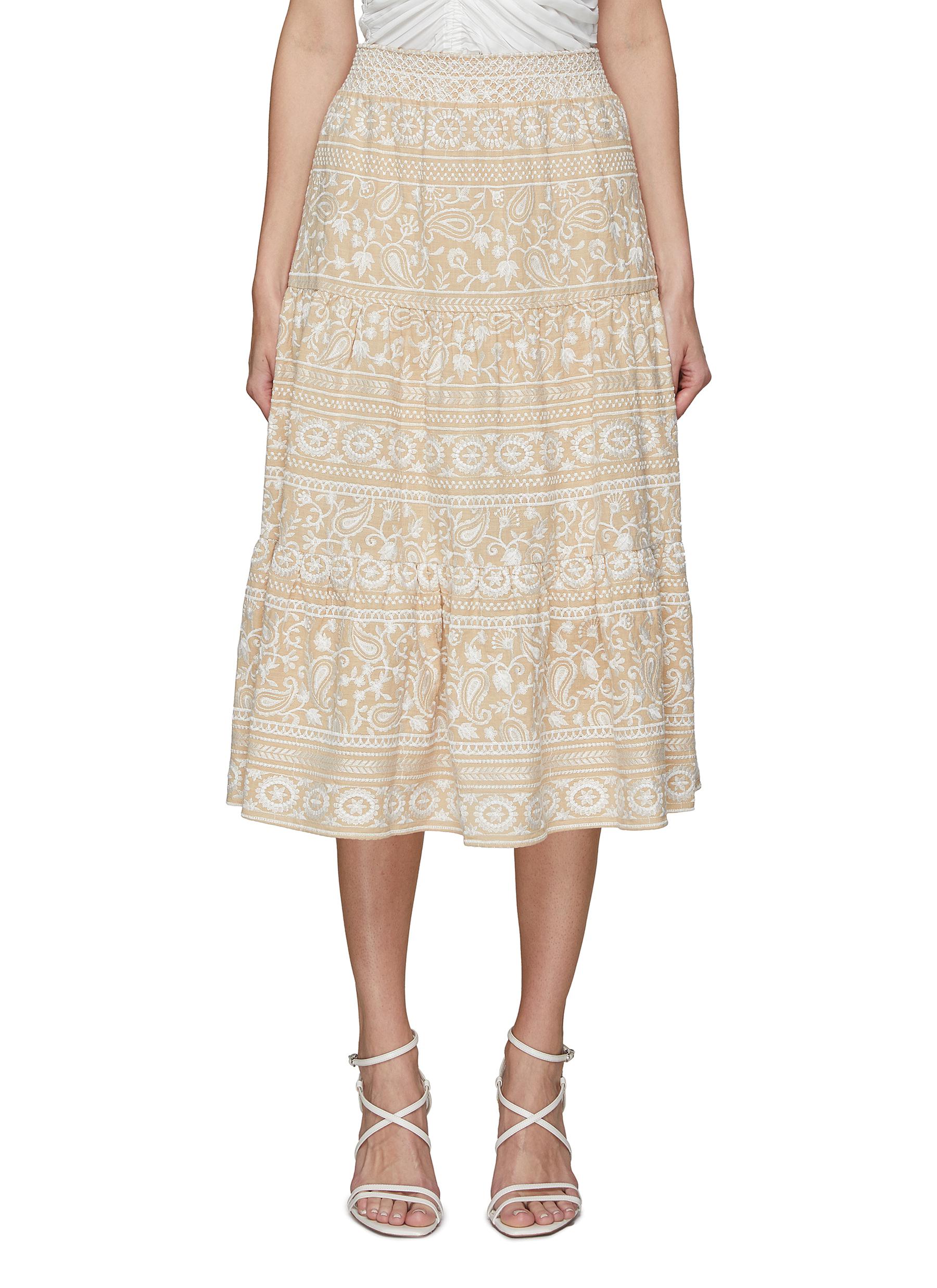 Alice And Olivia Reise Tiered Floral Embroidered Midi Skirt In Neutral ...