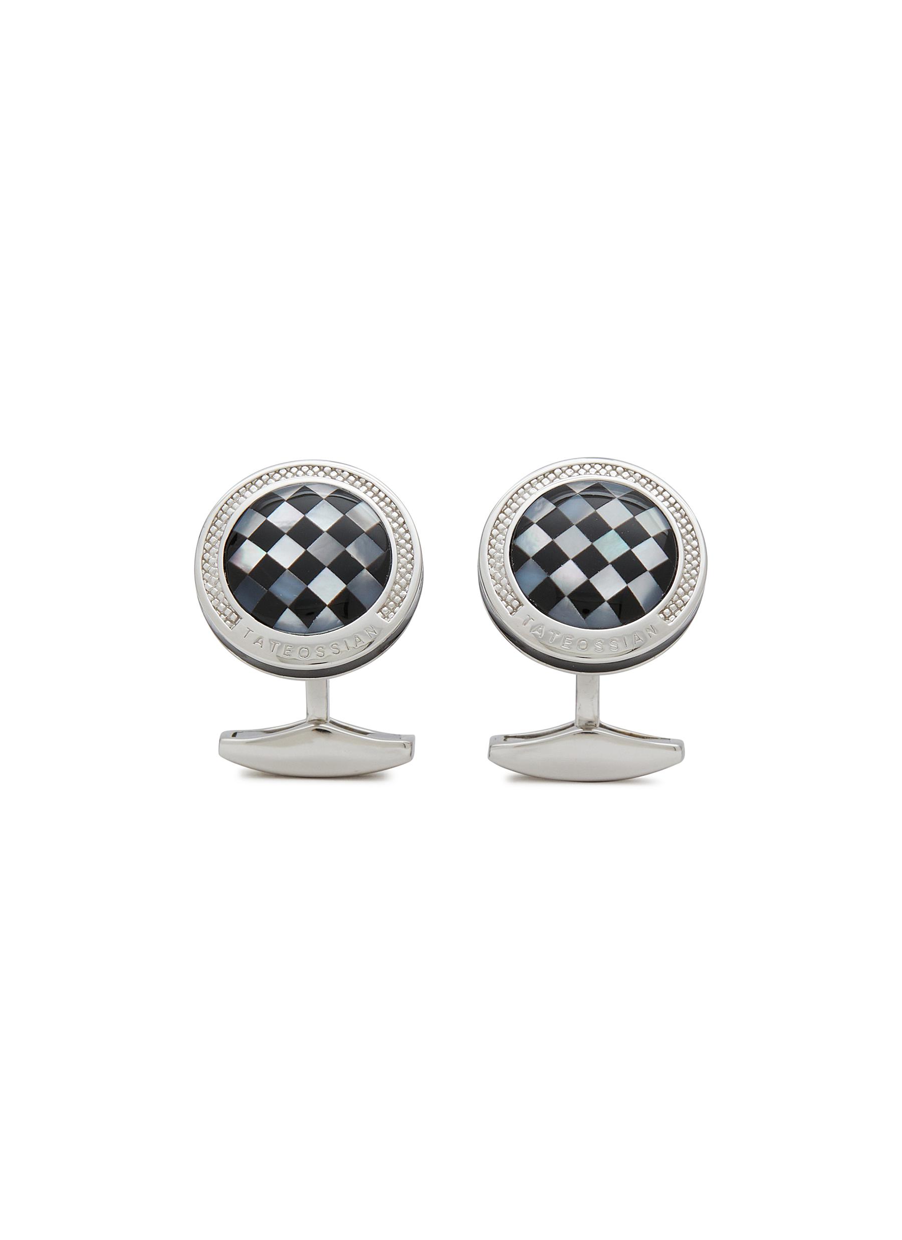 Checkerboard Rodium Plated Sterling Silver Onyx Mother Of Pearl Round Cufflinks