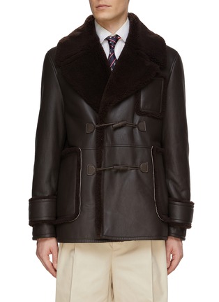 Main View - Click To Enlarge - THOM BROWNE  - Oversized Shearling Collar Leather Peacoat