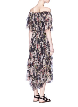 Back View - Click To Enlarge - ZIMMERMANN - 'Curacao Palm' print ruffle crépon silk off-shoulder dress