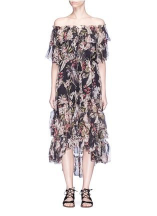 Main View - Click To Enlarge - ZIMMERMANN - 'Curacao Palm' print ruffle crépon silk off-shoulder dress