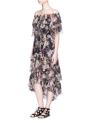 Figure View - Click To Enlarge - ZIMMERMANN - 'Curacao Palm' print ruffle crépon silk off-shoulder dress