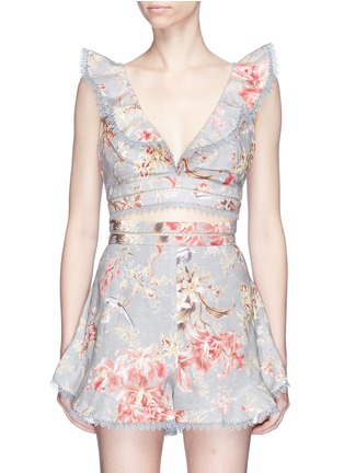 Main View - Click To Enlarge - ZIMMERMANN - 'Mercer Flutter Frill' floral print cotton-linen cropped top