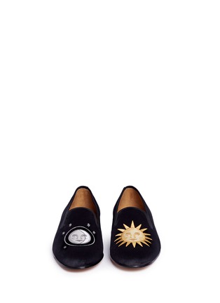 Front View - Click To Enlarge - STUBBS & WOOTTON - 'NitenDay' sun and moon embroidered velvet slip-ons