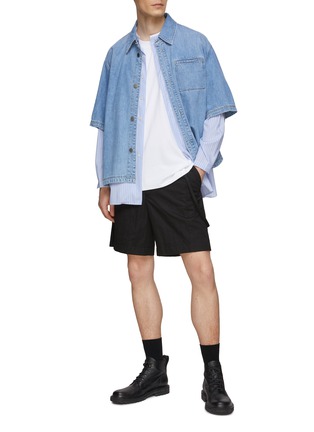 Figure View - Click To Enlarge - SOLID HOMME - Denim Cropped Short Sleeve Shirt