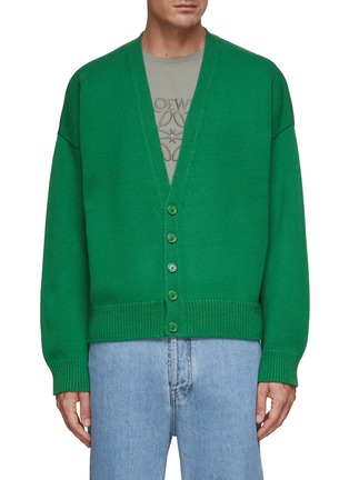 Main View - Click To Enlarge - LOEWE - Leather Logo Patch Wool Knit Cardigan