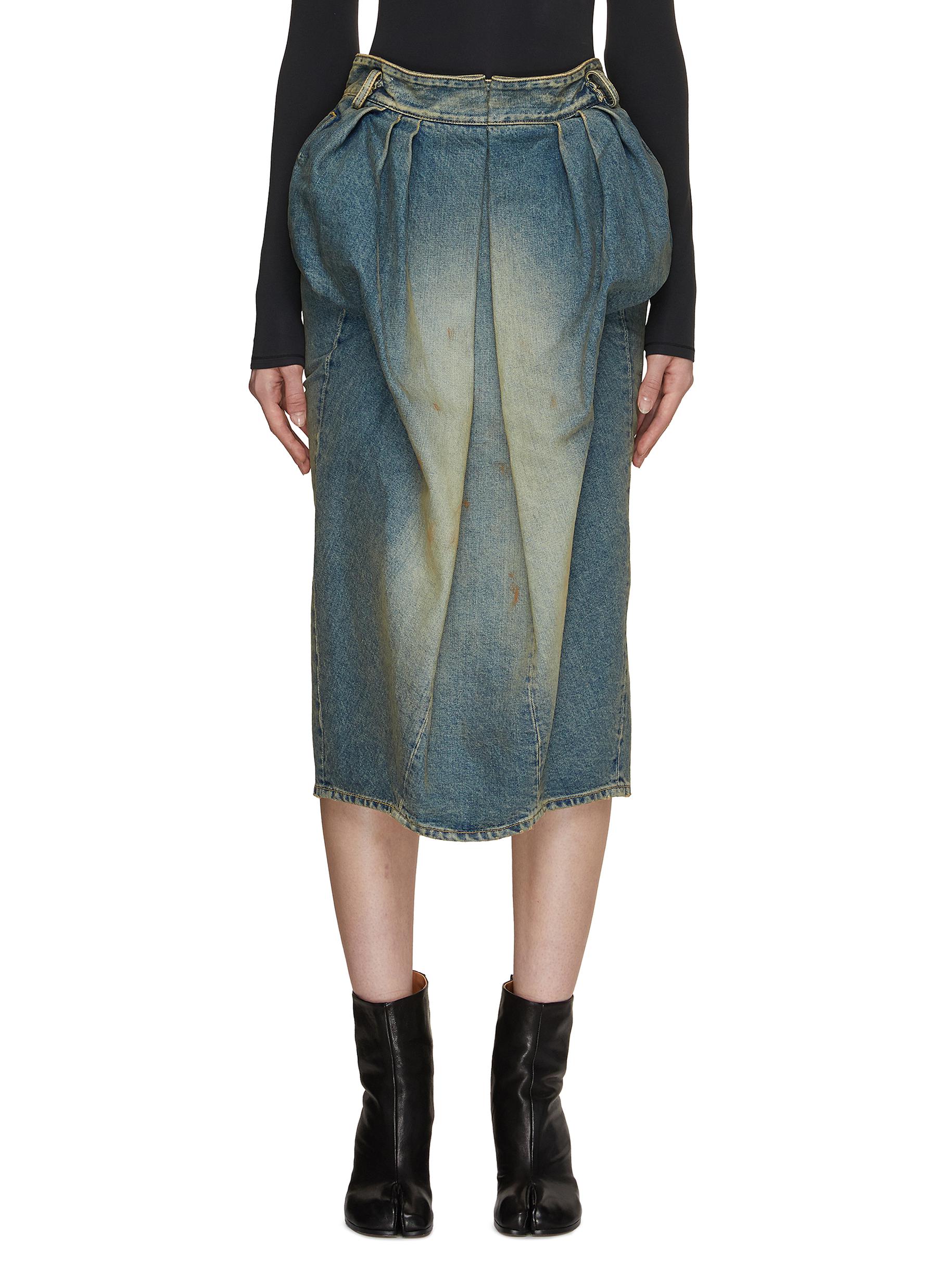 Pleated Washed Denim Midi Skirt