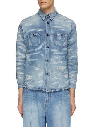 Main View - Click To Enlarge - FDMTL - Distressed Cropped Sleeve Denim Shirt
