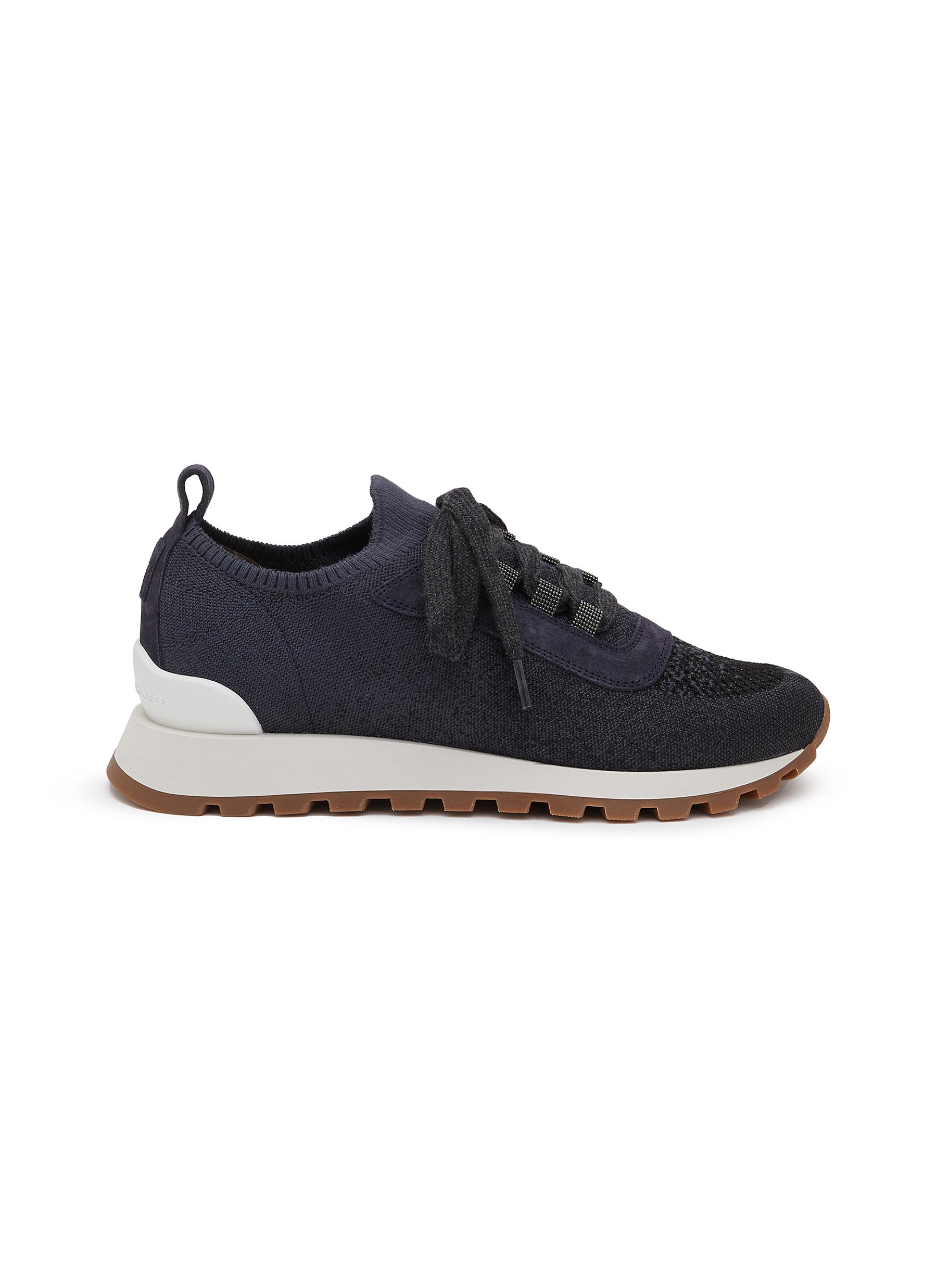 BRUNELLO CUCINELLI | Monili Knit Low Top Lace Up Sneakers | NAVY | Women |  Lane Crawford