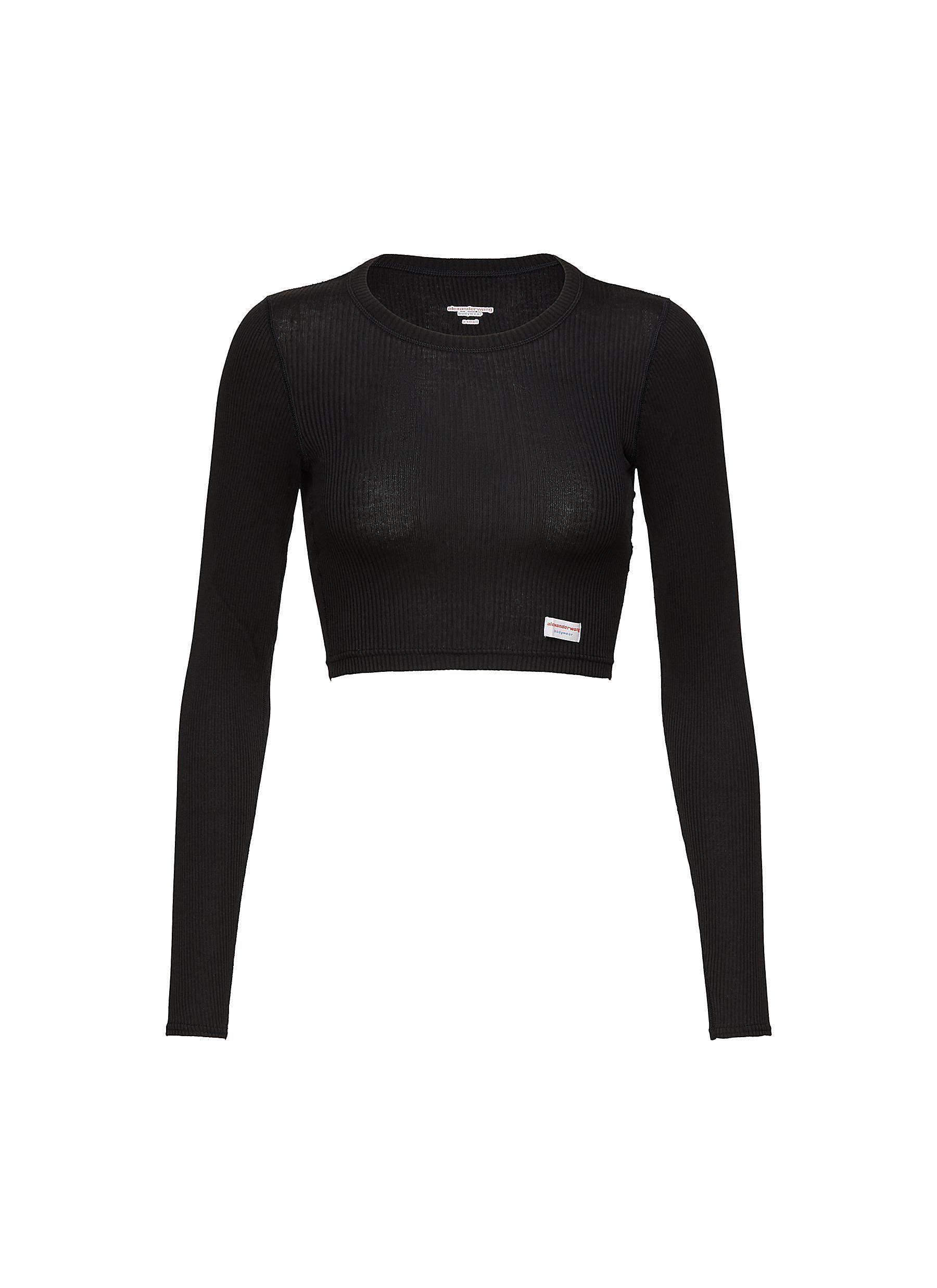 Cropped Long Sleeve Ribbed Cotton T-Shirt