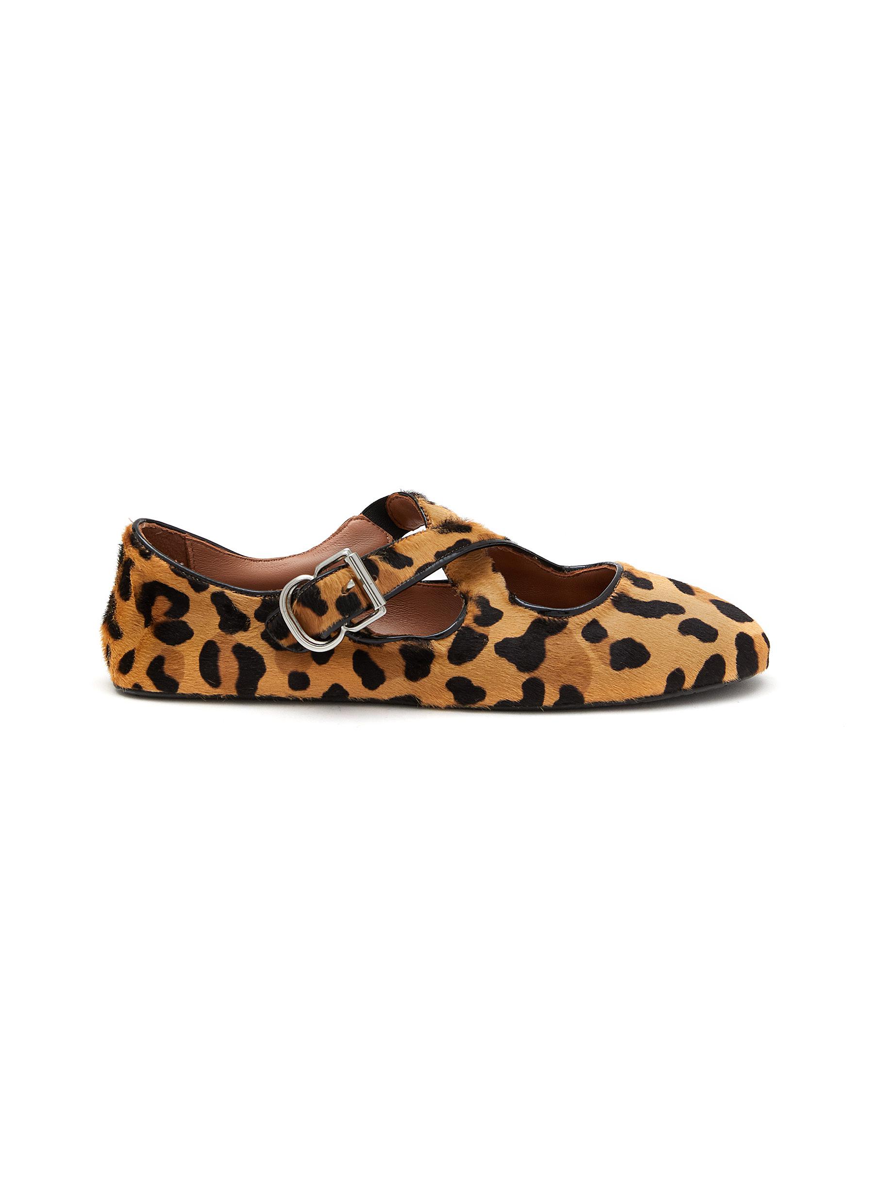 Crisscross Strap Leopard Print Leather Ballerina Flats