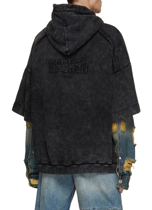 Back View - Click To Enlarge - JUUN.J - Washed Embroidered Hoodie With Layered Denim Sleeves