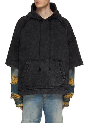 Main View - Click To Enlarge - JUUN.J - Washed Embroidered Hoodie With Layered Denim Sleeves