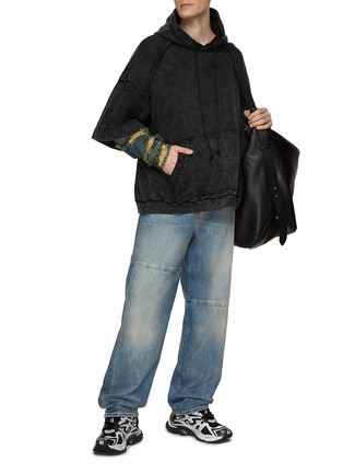 JUUN.J Washed Embroidered Hoodie With Layered Denim Sleeves