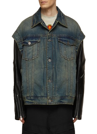 Main View - Click To Enlarge - JUUN.J - Leather Sleeve Denim Trucker Jacket