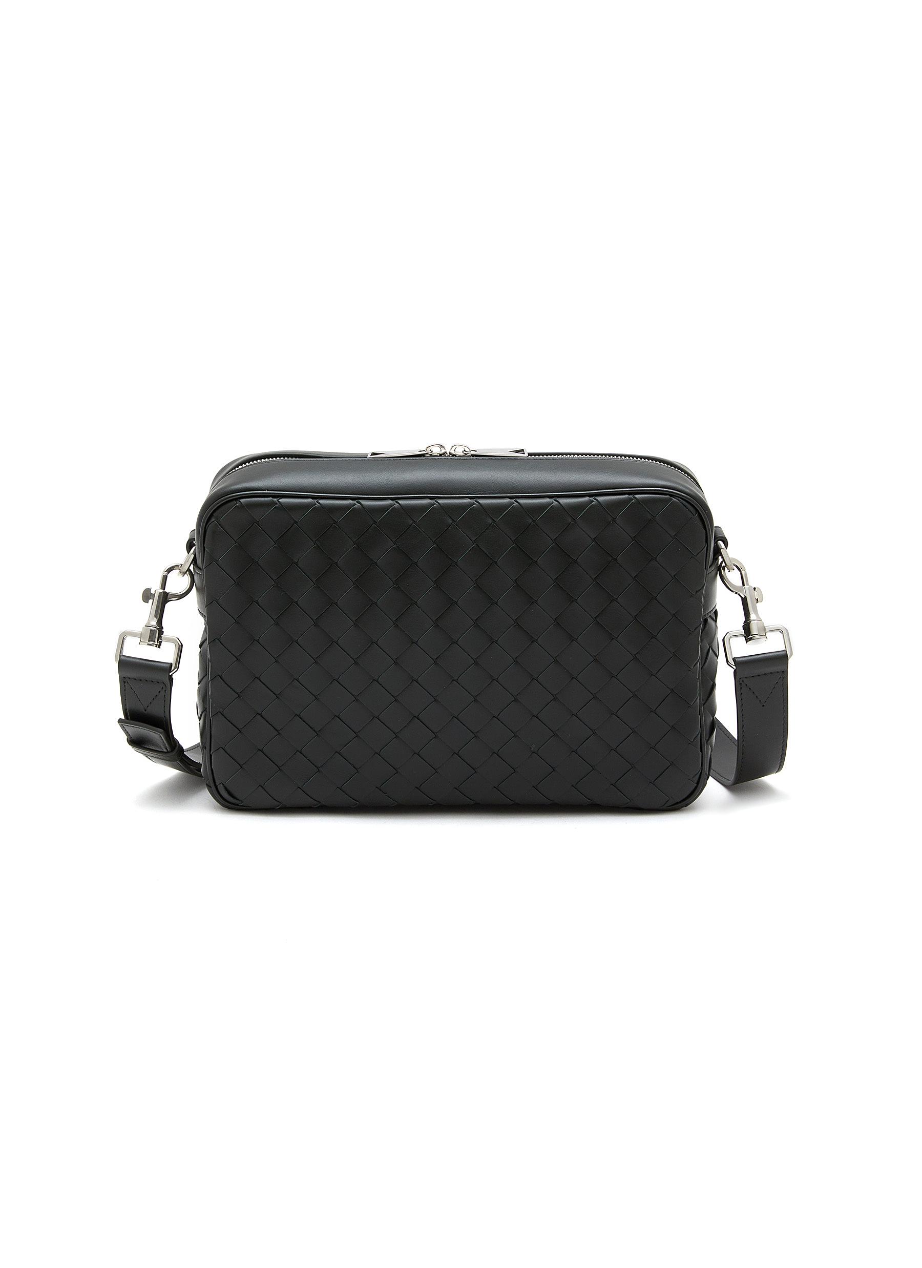 Bottega Veneta Men's Leather Intrecciato Crossbody Camera Bag, black-silver, Men's, Crossbody Bags Messenger Bags & Camera Bags