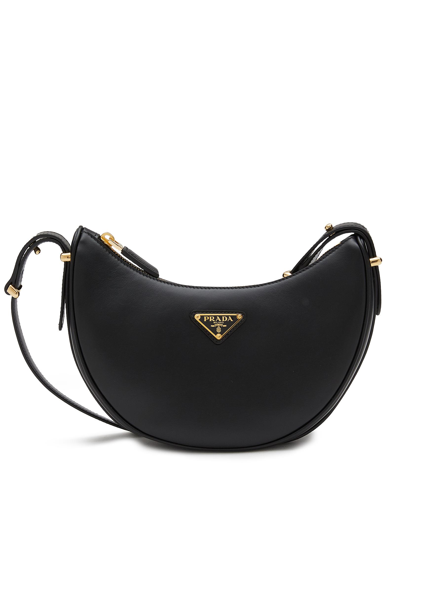 PRADA Logo Plaque Leather Hobo Bag BLACK Women Lane Crawford