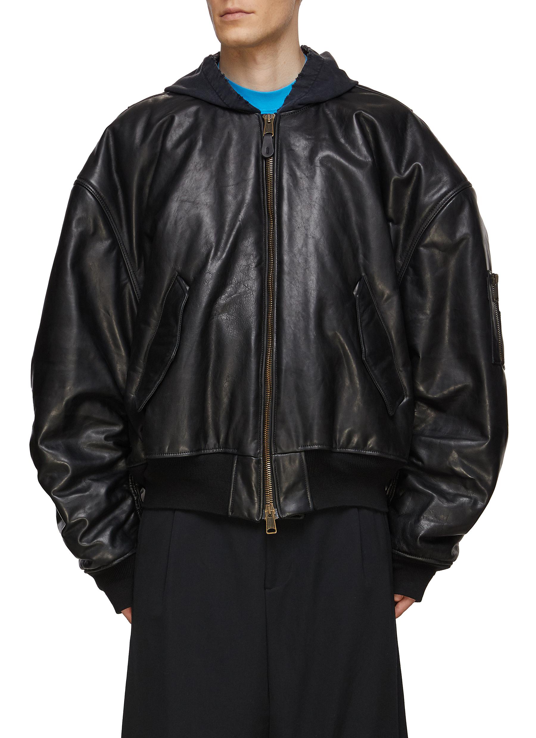 Hooded Leather Oversized Bomber Jacket