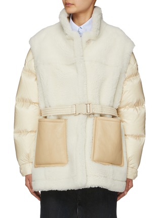 Main View - Click To Enlarge - MONCLER - Detachable Sleeve Belted Shearling Convertible Jacket