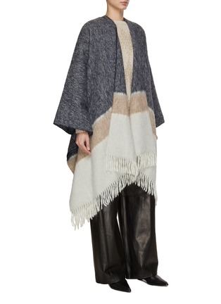 Front View - Click To Enlarge - BRUNELLO CUCINELLI - Striped Fringe Hem Wool Poncho
