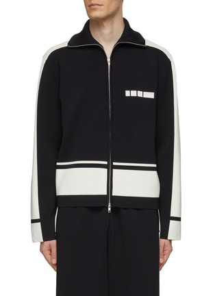 Main View - Click To Enlarge - RE: BY MAISON SANS TITRE - Colour Block Motif Zip Up Turtle Neck Cardigan