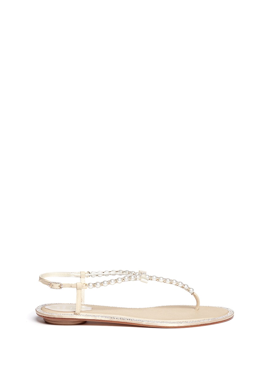 RENÉ CAOVILLA - Pearl embellished flat sandals Rhinestone border pearl ...