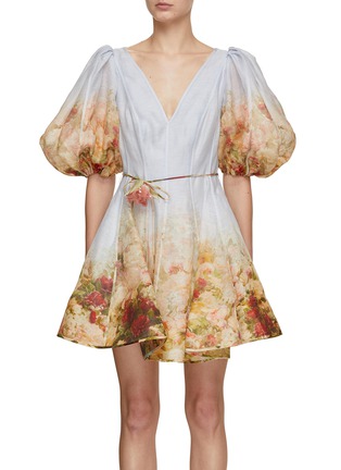 Main View - Click To Enlarge - ZIMMERMANN - Luminosity Rose Print Puff Sleeves V-Neck Dress