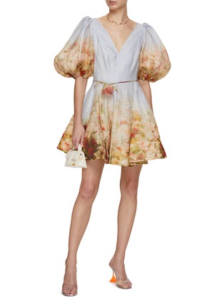 Figure View - Click To Enlarge - ZIMMERMANN - Luminosity Rose Print Puff Sleeves V-Neck Dress